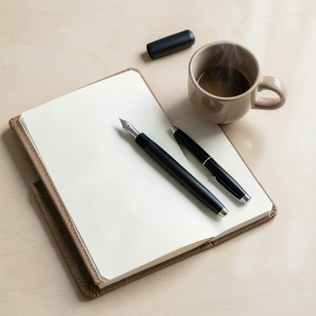 Notizbuch und Stift auf einem Schreibtisch neben einer Tasse Kaffee
