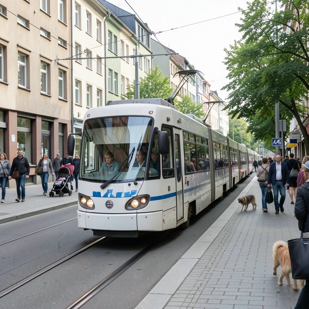 Straßenbahn und Fußgänger in einer Stadt in Nordrhein-Westfalen