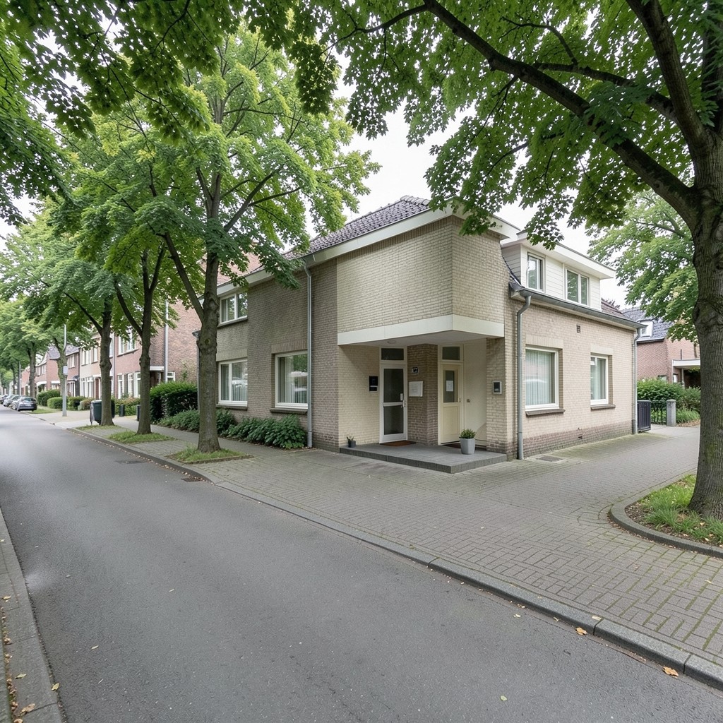 Eingangsbereich eines ruhigen Büros an einer Baumallee
